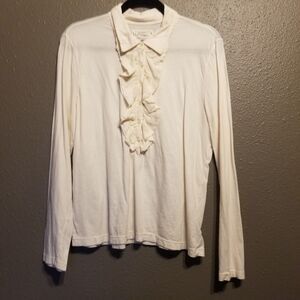 Lauren Jeans Co XL Top Ruffle Front Henley Jersey Knit Cotton Preppy Old Money